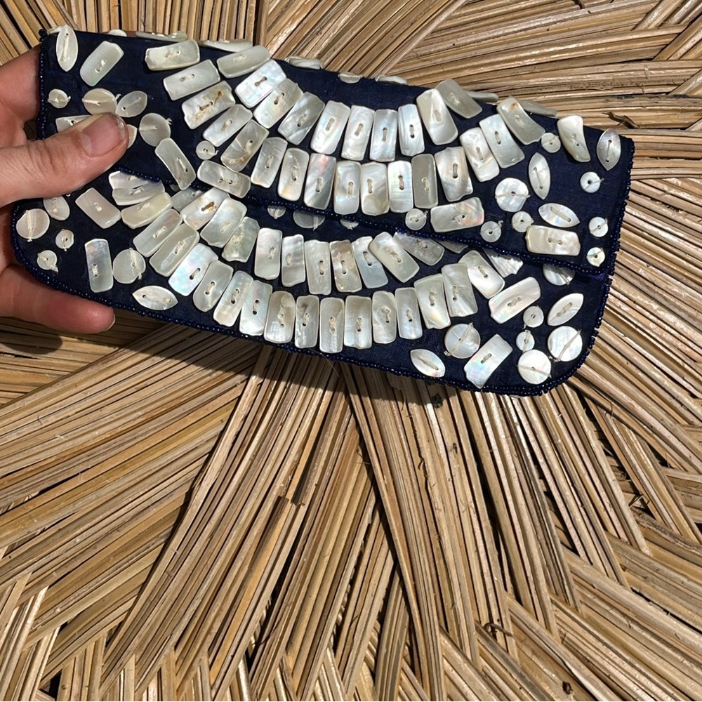 Vintage Navy Blue Beaded Coastal Iridescent Shell Clutch